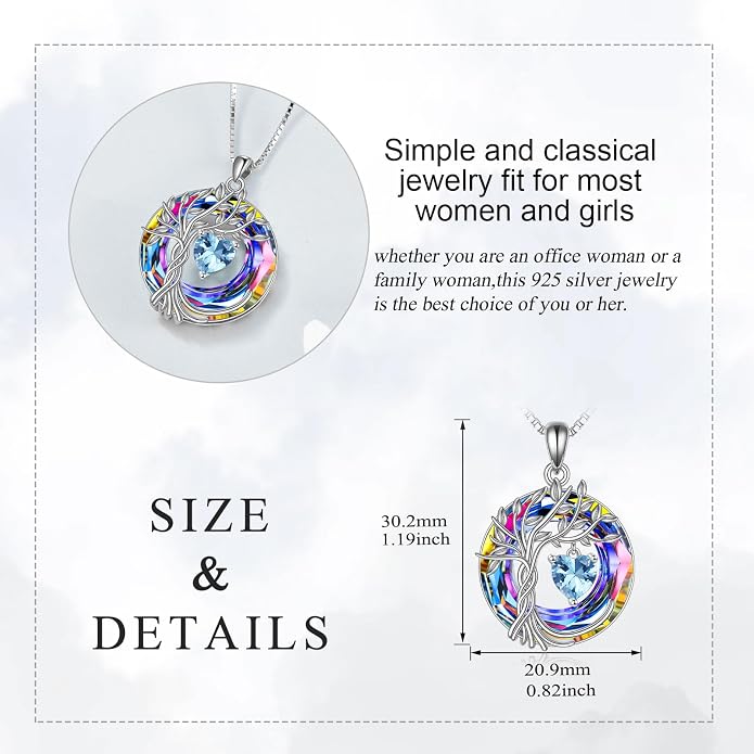 POPLYKE Mothers Day Gifts for Mom Her Wife Tree of Life Necklace 925 Sterling Silver Birthstone Pendant with Crystal Anniversary Birthday Wedding Jewelry for Women