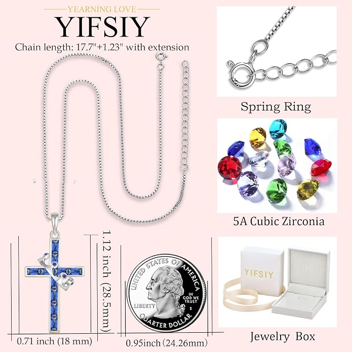 Gemstone Crown Cross Necklaces for Women, 925 Sterling Silver Rectangular cut Zircon Pendant With Rotated Crown Faith Cross Jewelry Gift