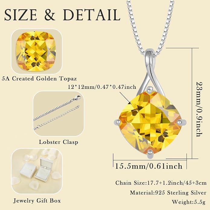Square Cut Birthstone Necklace for Women Hypoallerg 925 Sterling Silver Cubic Zirconia Necklace Simple Jewelry for Her