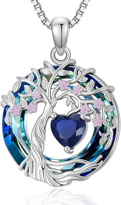 Tree of Life Birthstone Necklace 925 Sterling Silver Crystal Tree of Life Pendant Birthstone Jewelry Birthday Christmas Gifts for Women Mom Her Wife