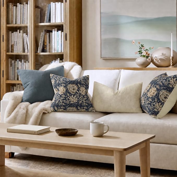 Vintage Floral Print Throw Pillow Covers 20x20 Set of 2 Neutral Modern Farmhouse Pillow Cases Accent Decorative Cushion Covers Boho Home Decor for Couch Sofa Chair Bed Living Room, Navy