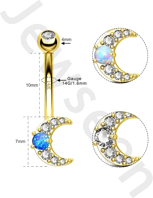 Jewseen 14K Gold Belly Button Rings Moon Belly Rings CZ Belly Button Piercing Opal Navel Rings Navel Piercing Jewelry for Women