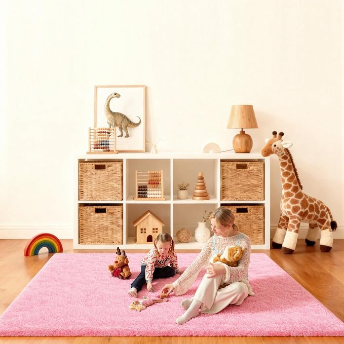 Pink Rug for Bedroom, 4x6 Fluffy Area Rugs for Living Room, Small Fuzzy Shag Soft Non-Slip Carpet for Kids Girls and Boys Nursery Dorm Indoor Room Home Decor (4ft X 6ft, Pink)