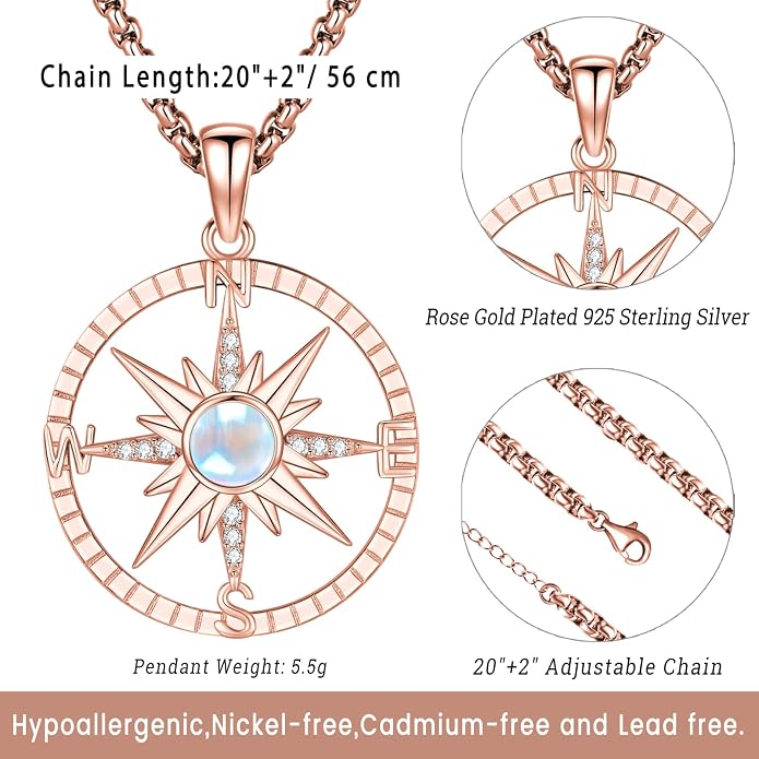 Compass Necklace for Women Men 925 Sterling Silver Pendant Urn Necklaces for Ashes Picture Locket Necklace Anchor Necklace Viking Necklace Crystals CZ Moonstone Abalone Shell Turquoise Compass Jewelry