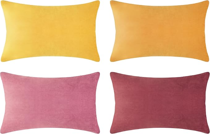MONDAY MOOSE Decorative Throw Pillow Covers Cushion Cases, Set of 4 Soft Velvet Modern Designs, Mix and Match for Home Decor, Pillow Inserts Not Included (12x20 inch, Yellow/Pink)
