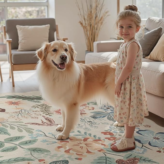 DCX Beige Floral Rug 3x5, Washable Beige Rug for Living Room, Kid & Pet Friendly with Rubber Back Non Slip, Soft Low Pile Carpet, Stain Resistant Rug for Bedroom, Nursery, Dining Room