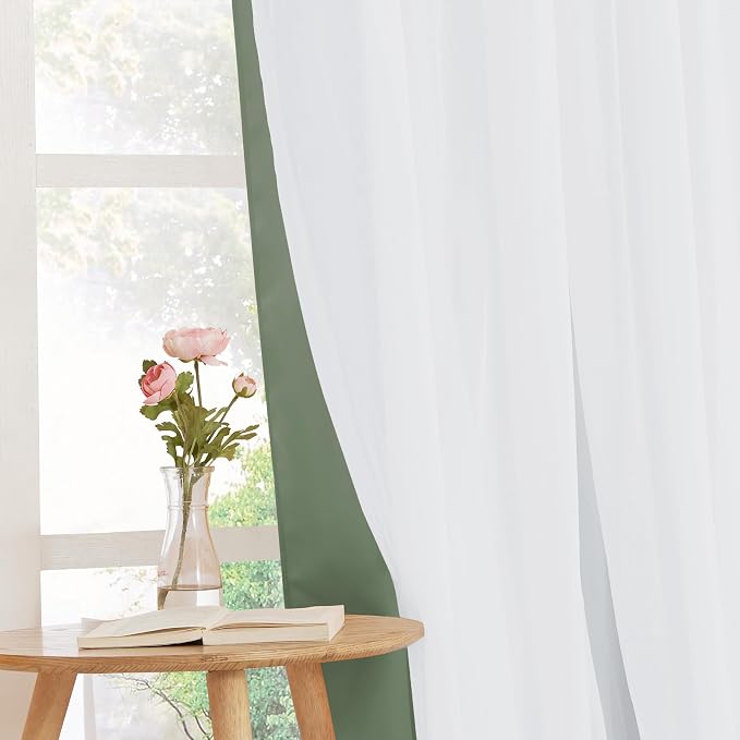 PONY DANCE Room Darkening Curtains with Sheer Overlay, Double Layer Drapes for Living Room, Grommet Thermal Insulated Curtains for Bedroom, 2 Panels Each 52 x 84 Inch, Sage Green