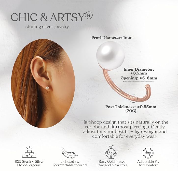 CHIC & ARTSY 925 Sterling Silver Half Hoop Earrings for Women, Small Huggie Hoops Set with Ball Bar Star Moon Cross & Pearl, Lightweight Comfort Fit Everyday & Sleep Earrings