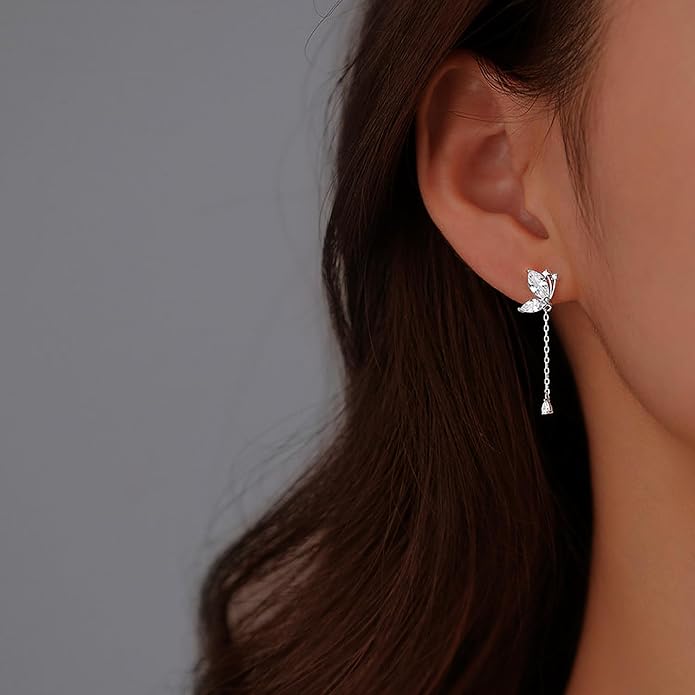 925 Sterling Silver Tassel Chain Dangle Earrings for Women Sparkling Long Fringe Dangle Drop Earrings Bling Line Minimalist Wedding Studs Earring Jewelry Birthday Christmas Gifts for Her