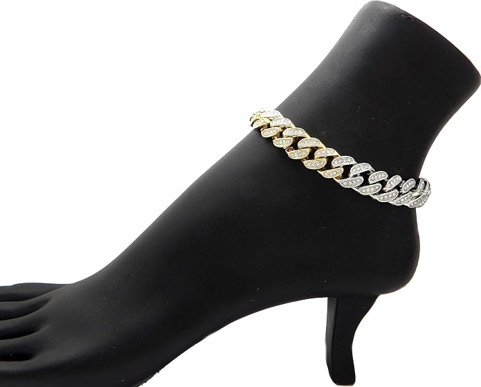 Fashion 21 Women's Stone Filled 10mm, 12mm Various Length Box Lock Cuban Chain Anklet