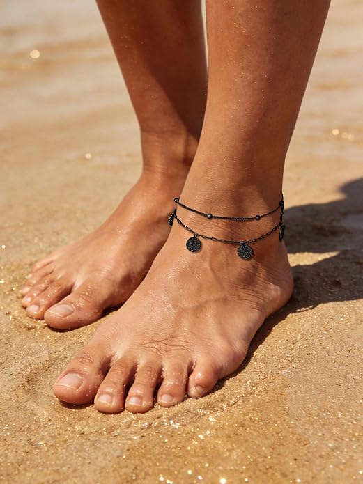 U7 Silver/Gold Ankle Bracelets for Women Layered Chain Anklets Stainless Steel Waterproof Summer Beach Anklet Cham, Adjustable 8.5"-10.5"