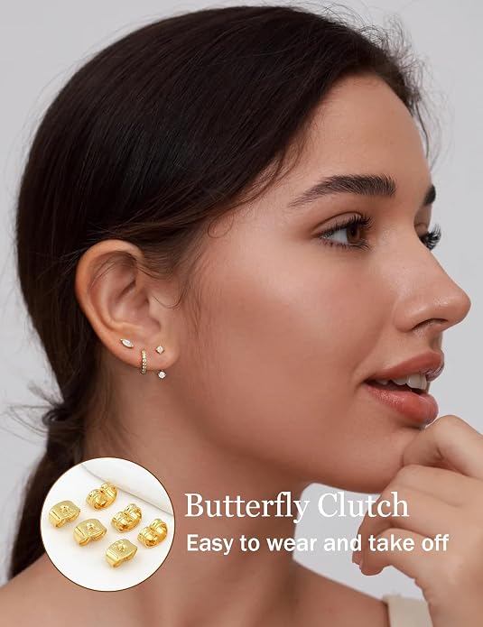 6 Pairs 14K Gold Plated Stud Earrings for Women, Hypoallergenic Cartilage Earrings for Multiple Piercing, Dainty Small Stackable Earrings Set for Jewelry Gift