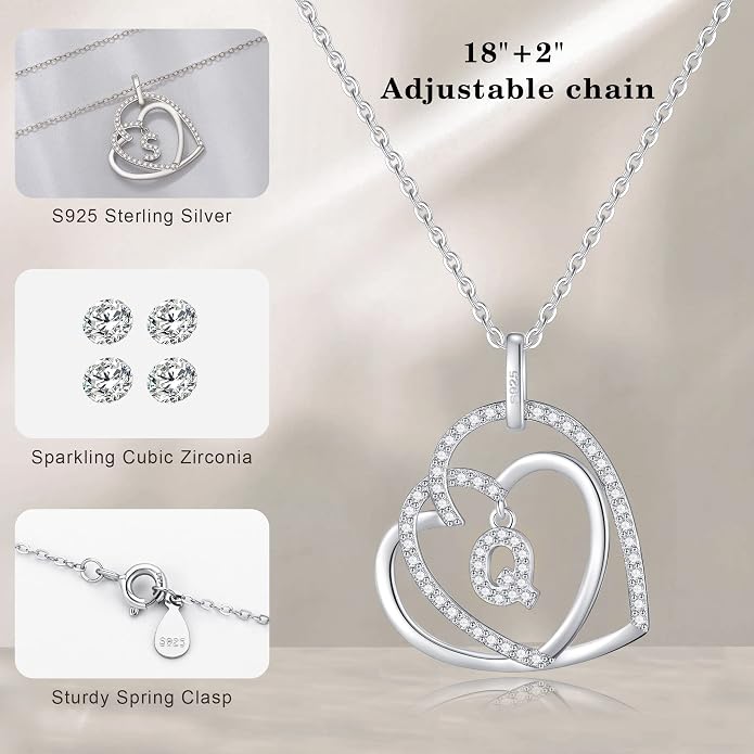 Infinity Heart Necklaces for Women, S925 Sterling Silver Initial Necklace Womens Jewelry Mothers Day Gifts Girls Valentines Gifts for Her Christmas Birthday Gifts for Women Mom Wife Girlfriend
