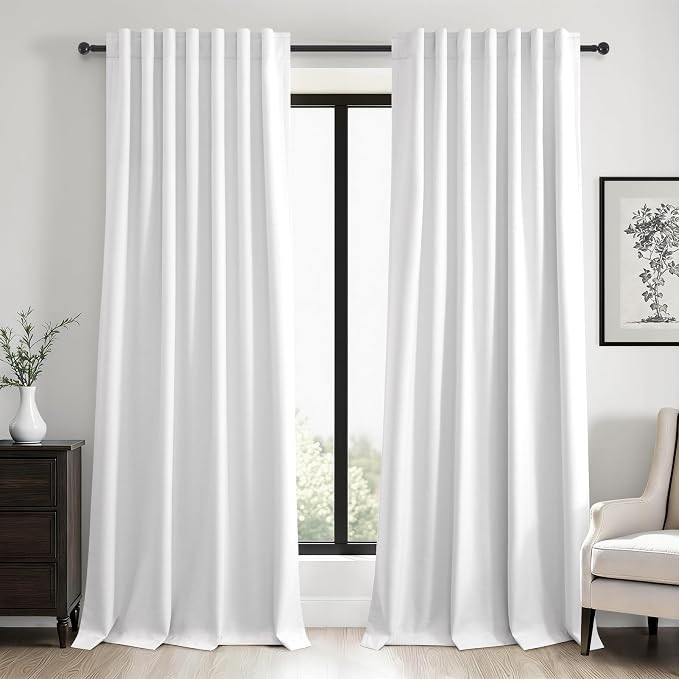 96 inch long Linen blackout curtains 2 Panels 100% Black out Linen texture Curtains ivory white Window Drapes with Back Tab Rod Pocket Mordern vintage Curtains Panel for Bedroom Living Room 8FT