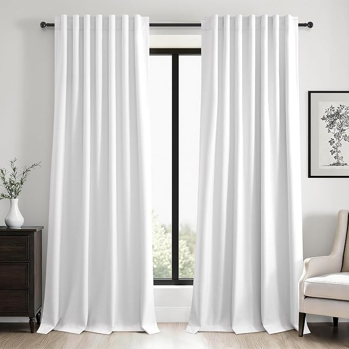 92 inch long Linen blackout Curtains 2 Panels for sliding room 100% Black out Linen texture Curtain Beige White Window Drapes with Back Tab Rod Pocket Pinch Pleated Thermal Insulated Panel for Bedroom