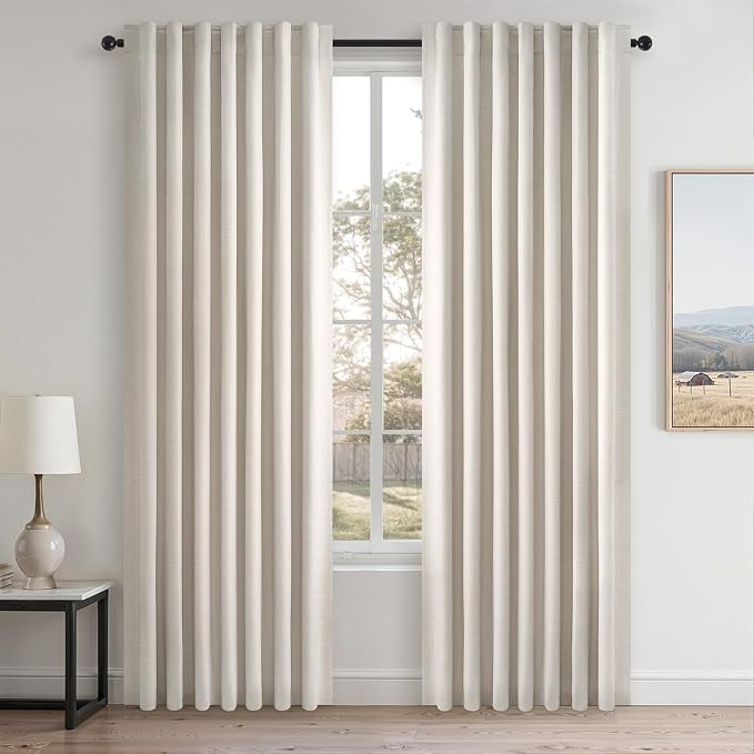 Topfinel 86 Inches Long Linen Blackout Curtains 2 Panels Set for Living Room Cream Birch Linen Texture Modern Farmhouse 100% Black Out Room Darkening Back Tab Rod Pocket(W52 xL80)