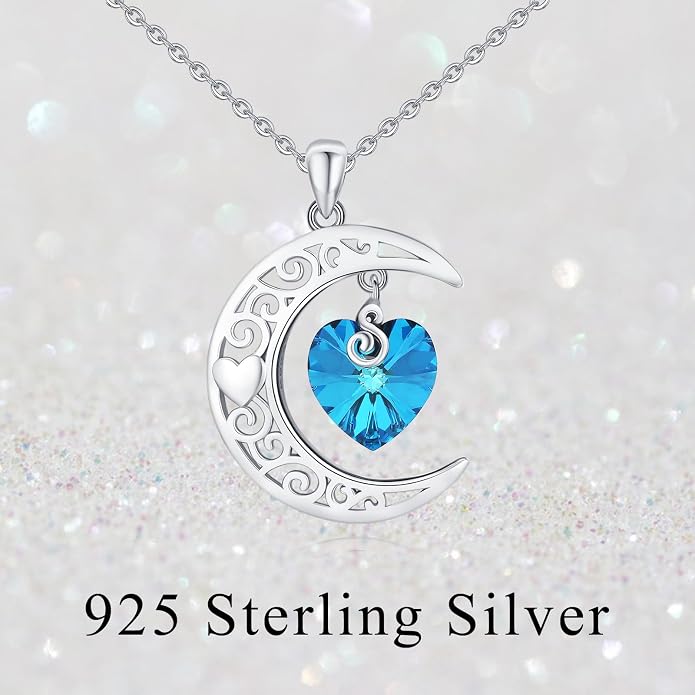 TRISHULA Crescent Moon Necklace 925 Sterling Silver Eye of Horus Animal Moon Pendant with Heart Crystal Birthday Jewelry Gift for Women Christmas Gifts for Her