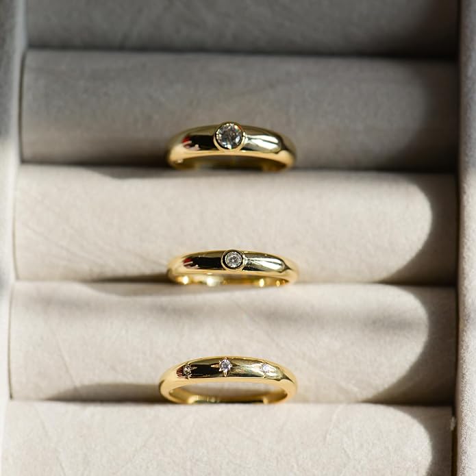 LEMON GRASS Bezel Set Round CZ Thin Dome Ring | Minimalist Stacking Band Signet Ring in Gold