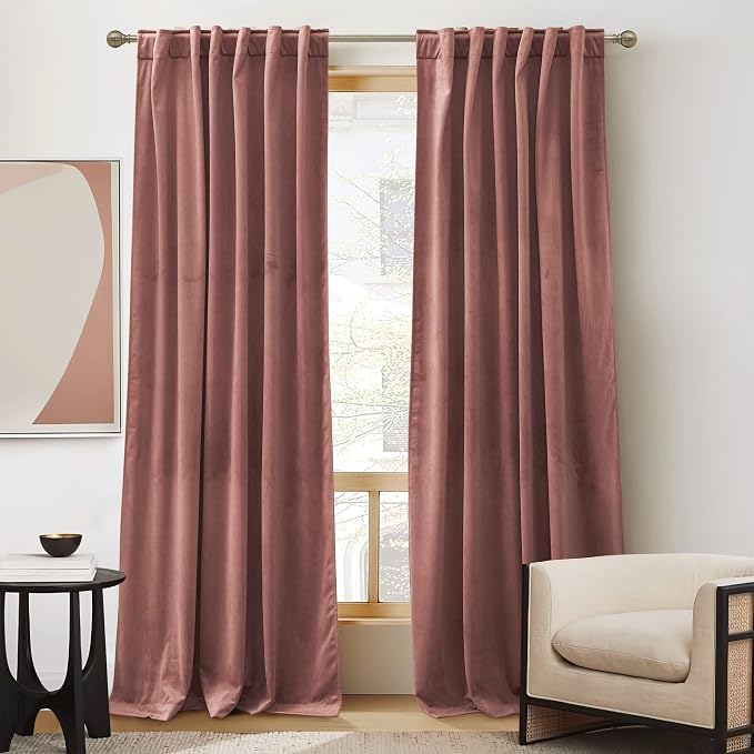 RYB HOME Elegant Velvet Curtains 96 inch Length Room Darkening Small Window Decor Silk Hand Feel Privacy Vertical Shade for Nursery Playroom Bedroom, W52 x L96 inches, Wild Rose Pink, 2 Panels
