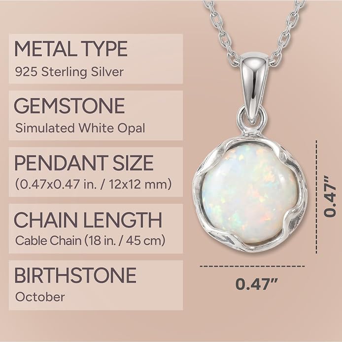 ADITA GOLD 925 Sterling Silver White Opal Necklace, Dainty 12mm Round Gemstone Pendant, October Birthstone Bridal Wedding Jewelry, Handmade Vintage Statement Jewel for Classy Brides and Women