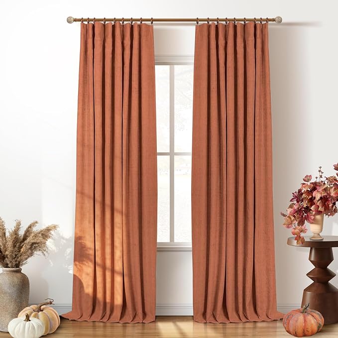 INOVADAY 100% Blackout Curtains for Bedroom, Orange Black Out Curtains 120 Inch Long, Clip Rings Linen Blackout Drapes, Thermal Insulated Room Darkening for Living Room, 2 Panels - W50xL120