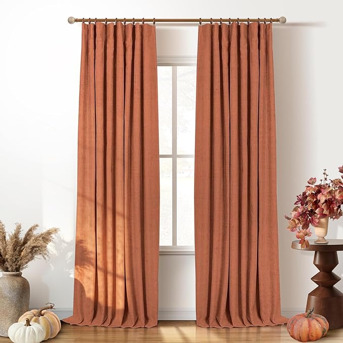 INOVADAY 100% Blackout Curtains for Bedroom, Orange Black Out Curtains 108 Inch Long, Clip Rings Linen Blackout Drapes, Thermal Insulated Room Darkening for Living Room, 2 Panels - W50xL108