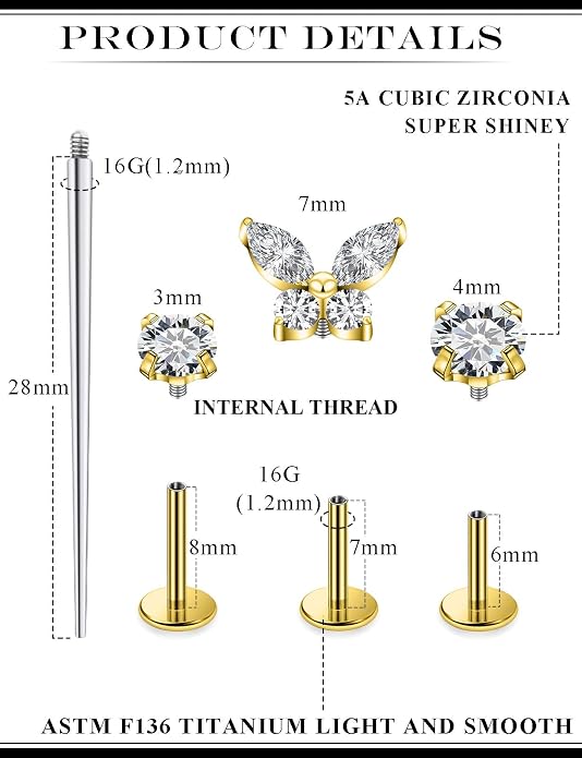 20G 18G 16G Astm F136 Titanium Internal Thread Flat Back Earrings Nose Studs Tragus Forward Helix Conch Cartilage Lobe Earring Stud Medusa Labret Monroe Lip Ring Piercing Jewelry For Women Men