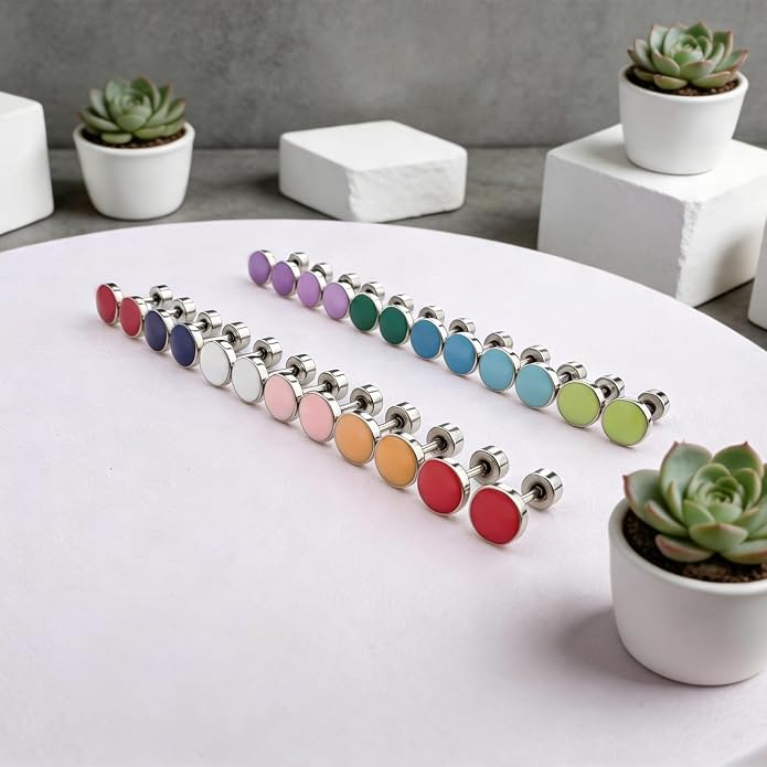 JMLOON 12 Pairs Enamel Flat Back Stud Earrings Surgical Stainless Steel Round Heart Star Square Hexagon Screw Back Stud Earrings