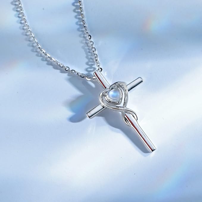 FANCIME Birthstone Cross Necklace for Women Birthstone Necklace Heart Infinity Cross Pendant Necklace Fine Jewelry Christmas Birthday Holiday Gifts for Her, 16"+2" Inches