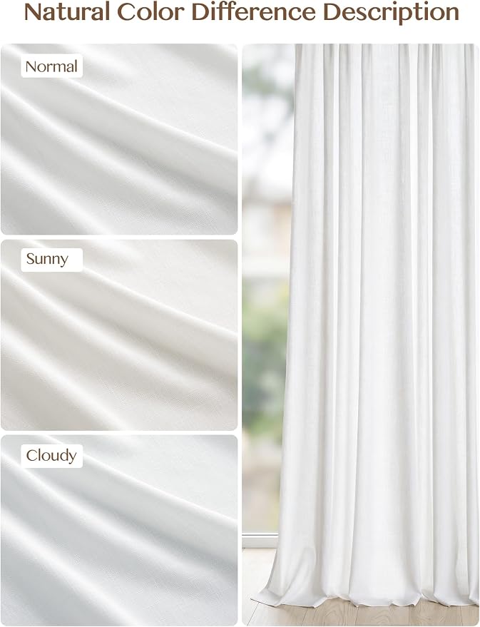 THREE GIRLS Liz Pinch Pleated Linen Curtains 100 Inches Long, Light Filtering Curtains for Living Room, Farmhouse Window Curtains for Bedroom, Modern Drapes with Hooks and Rings, White, 2 Panels Set