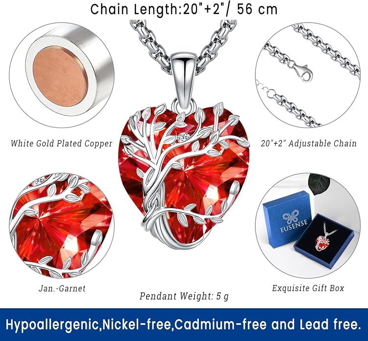 Eusense Tree of Life Necklace for Women White Gold Plated Copper Moonstone/Turquoise/Black Onyx/Crystal Birthstone Pendant Jewelry Gifts for Women Men