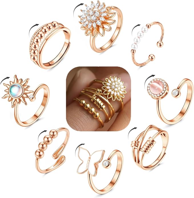 FIBO STEEL Fidget Anxiety Rings for Women - 8Pcs 14K Gold Plated Spinner Adjustable Rings Stress Relief Open Ring Stacks CZ Sun flower Butterfly Bead Evil Eye Non Tarnish Ring Set