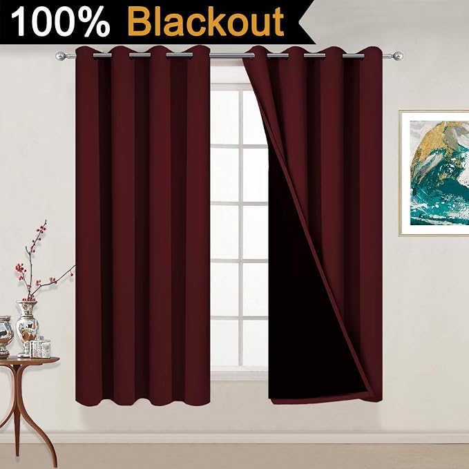 Yakamok Burgundy Red Blackout Curtains 54 Inches Long for Bedroom 52" Wide | Blackout Curtain Panels for Bedroom, 2 Thick Layers Grommet Top Thermal Insulated Drapes with Black Liner for Living Room