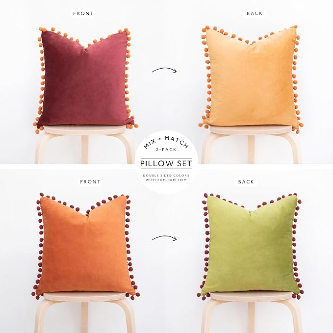 MONDAY MOOSE Decorative Throw Pillow Covers Cushion Cases, Set of 2 Soft Velvet Pom Poms Double-Sided Designs, Mix and Match for Home Decor, Pillow Inserts Not Included (18x18 inch, Yellow/Green)