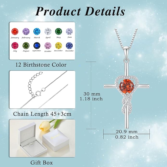 Cross Necklace for Women 925 Sterling Silver Infinity Birthstone Pendant Necklace Religious Christian Jewelry Gifts Wife Mom Her