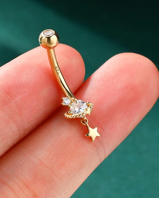 COCHARM 14K Gold Belly Button Rings Saturn Star 14K Yellow Gold Belly Rings for Women 10MM 14k Gold Barbell 14k Belly Navel Belly Piercing Jewerly
