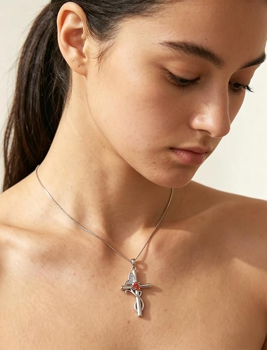 STARCHENIE Butterfly Cross Necklace 925 Sterling Silver Crucifix Pendant Birthstone Jewelry for Women
