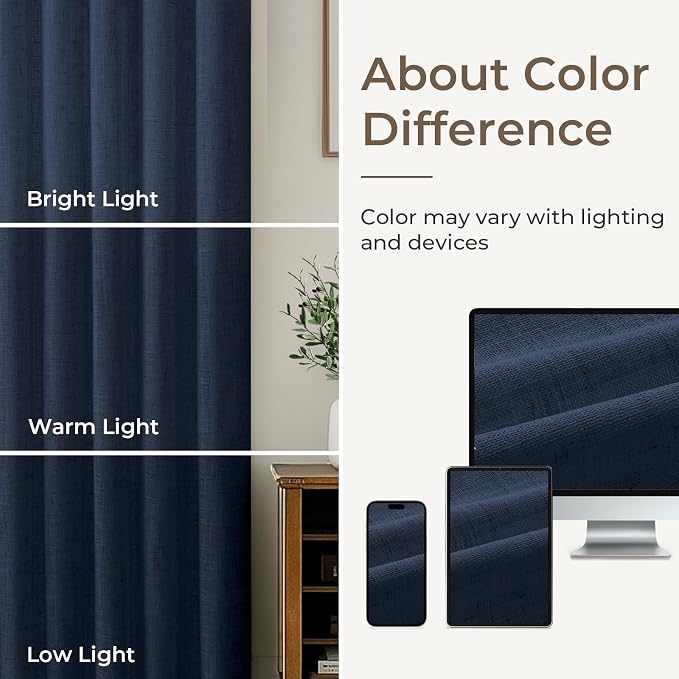 CAPALOCA Navy Blue Linen Pinch Pleated Curtains Blackout, 100% Black Out Curtains 108 inch Long for Bedroom, Blackout Thermal Insulated Pinch Pleated Drapes for Living Room, 40" W x 108" L, 2 Panels