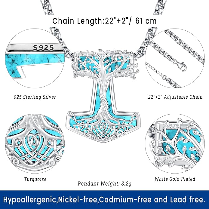 Turquoise Jewelry for Women Men 925 Sterling Silver Pendant Urn Necklaces for Ashes Picture Locket Necklace Thor Hammer Yggdrasil Virgen De Guadalupe St Michael Christopher Judas Witches Knot Necklace