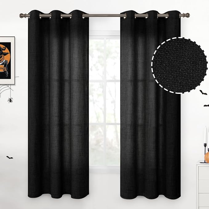 YoungsTex Black Curtains 63 Inch Length 2 Panels, Linen Semi Sheer Drapes with Bronze Grommet Light Filtering Privacy for Bedroom Living Room Decorative, 42 x 63 Inch, 2 Panels