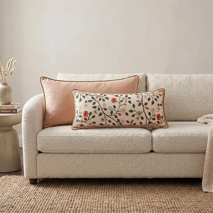 ISAENNE Designer Elegant Vintage Linen Throw Pillow Cover,28"x12"-Flora A | French Rectangle Decor Pillow Cover,Concealed Zipper Design,Floral Pattern,Sofa,Bedroom,Living Room,Lounge Chairs