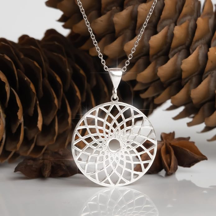 Mandala Necklace Sterling Silver 925 - Sacred Geometry Circle Pendant with 19.7" Chain - Spiritual Esoteric Amulet - Boho Hippie Yoga Jewelry for Women Girls - Handmade