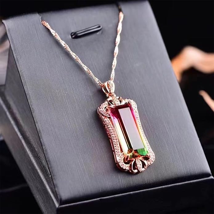 Rainbow Tourmaline Pendant Necklace, Multicolor Gemstone, Rose Gold-Tone Setting, Personalized Jewelry Gift