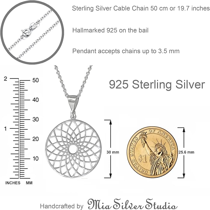 Mandala Necklace Sterling Silver 925 - Sacred Geometry Circle Pendant with 19.7" Chain - Spiritual Esoteric Amulet - Boho Hippie Yoga Jewelry for Women Girls - Handmade