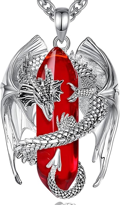 INFUSEU Unique Dragon Necklaces with Healing Crystal Stone for Men Women, Personalized Spiritual Gifts, 24 Inch Chain