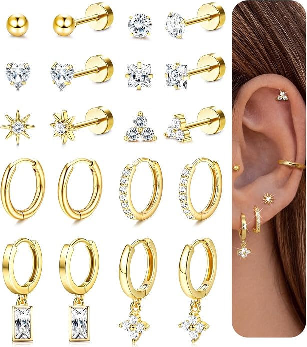 Florideco Hypoallergenic Flat Back Earrings Gold Cartilage Earring Sets for Multiple Piercing Surgical Stainless Steel Earrings for Women Trendy Earring Stacks Small Hoops Flat Back Stud Earrings