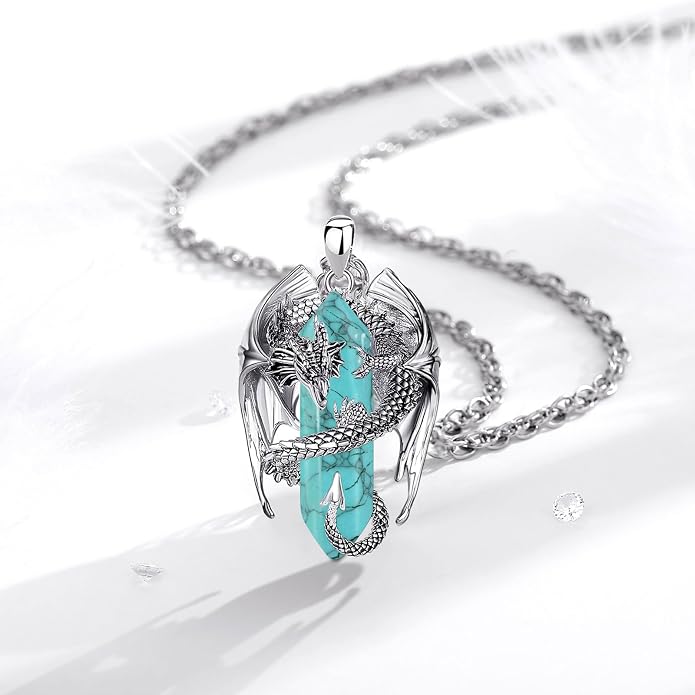 INFUSEU Unique Dragon Necklaces with Healing Crystal Stone for Men Women, Personalized Spiritual Gifts, 24 Inch Chain