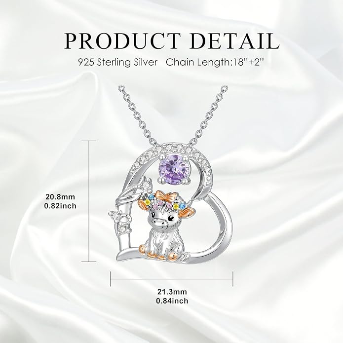 Highland Cow Gifts for Women 925 Sterling Silver Highland Cow Birthstone Necklace Fluffy Cow Jewelry Gifts Birthday Christmas