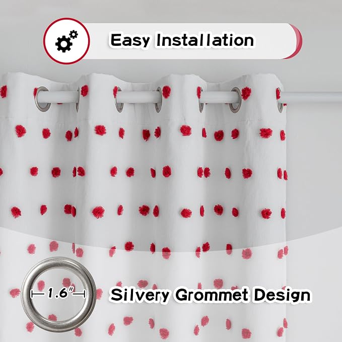 MYSKY HOME Blackout Curtains for Nursery Thermal Insulated Red Pom Pom Curtains 72 Inch Long for Girls Bedroom 2 Panels White Sheer Curtains for Dining Room Door Grommet, 52 x 72 in
