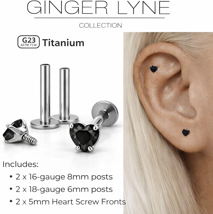 Titanium Heart CZ Labret Stud Earrings for Piercings by Ginger Lyne 6Pc Set G23 Screw Front Flat Back Body Jewelry 2 pair post 6mm, 8mm Cartilage, Helix, Tragus, Lip, Conch, Lobe